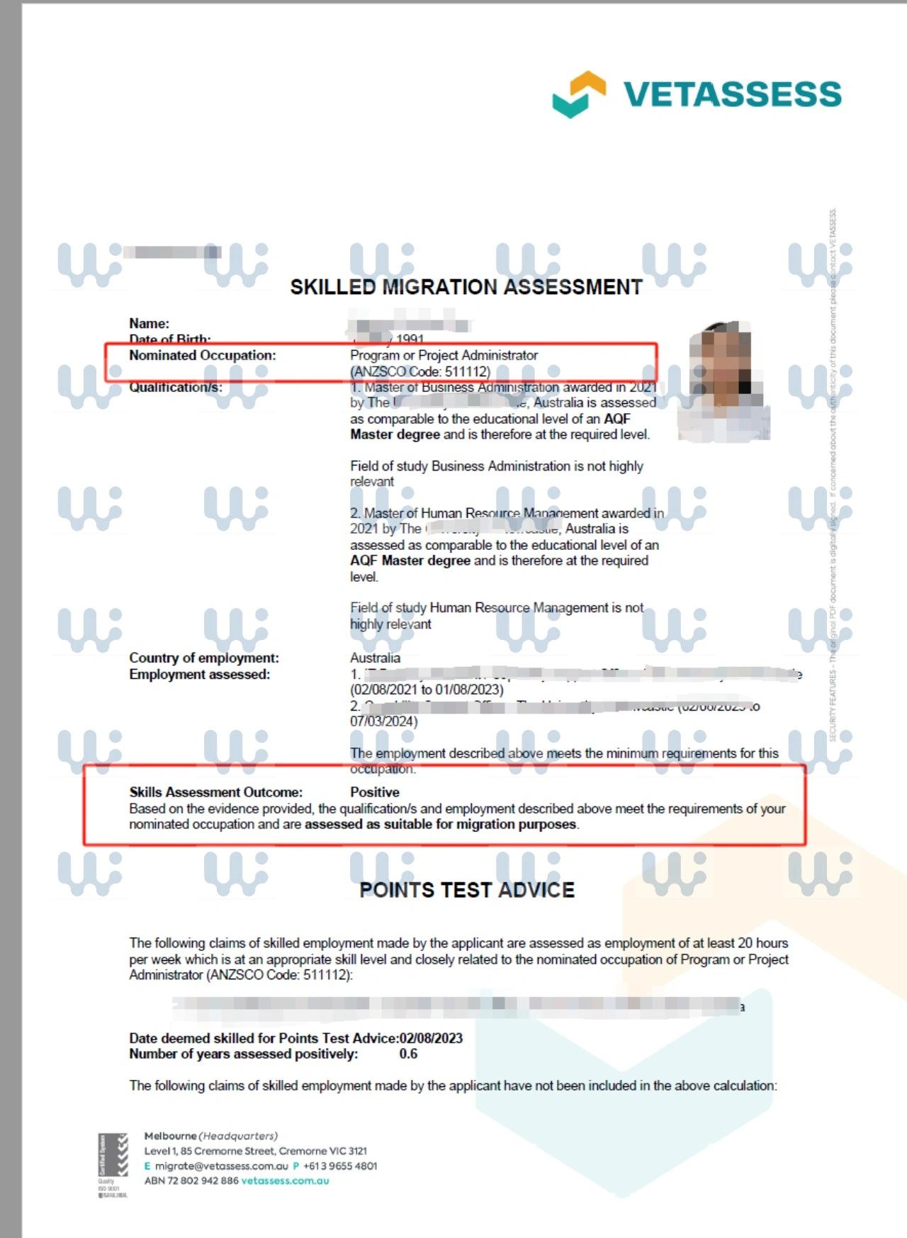 Redacted skilled migration assessment outcome