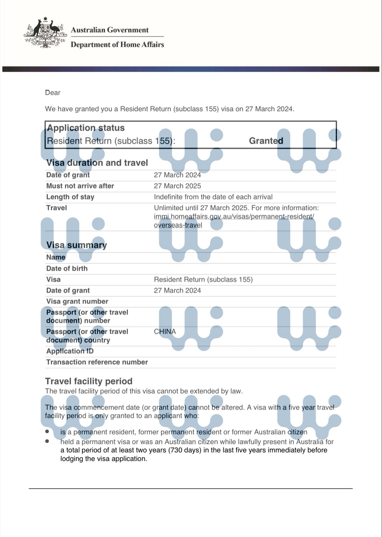Redacted Resident Return visa grant notice