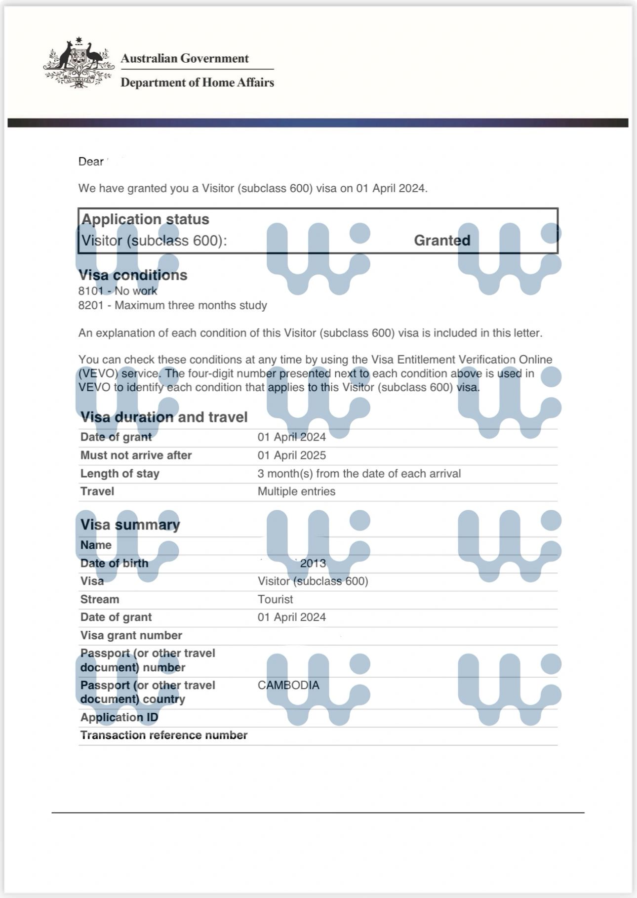 Redacted Visitor visa grant notice