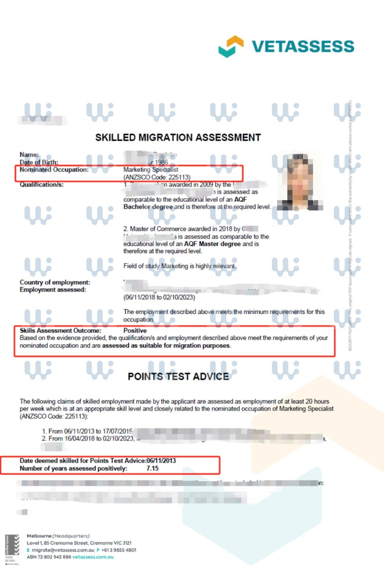 Redacted VETASSESS skilled migration assessment showing a positive outcome